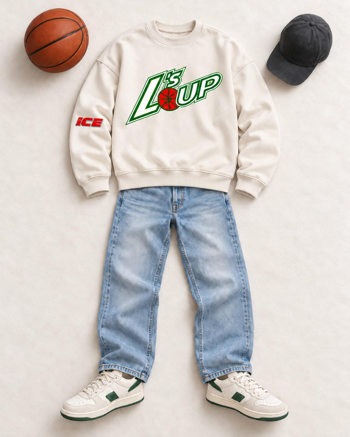 L's Up crewneck sweatshirt in White styled with light-wash jeans and green-trim sneakers — flat lay with basketball and black cap