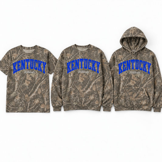 Kentucky Wildcat camo arch design shown on all three styles — tee, crewneck sweatshirt and hoodie