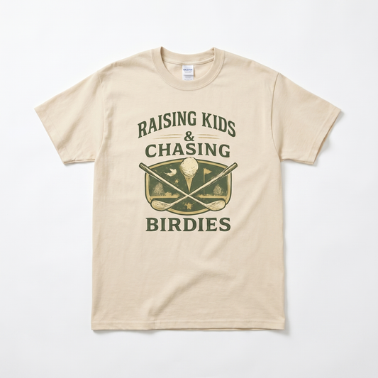 Raising Kids & Chasing Birdies golf dad graphic tee — lifestyle / detail view