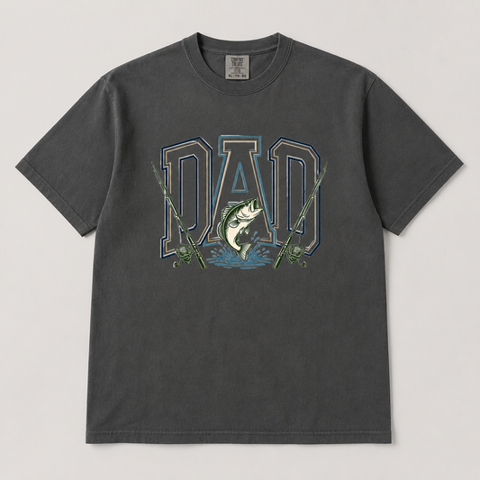 Fishing Dad Graphic Tee on pepper Comfort Colors shirt