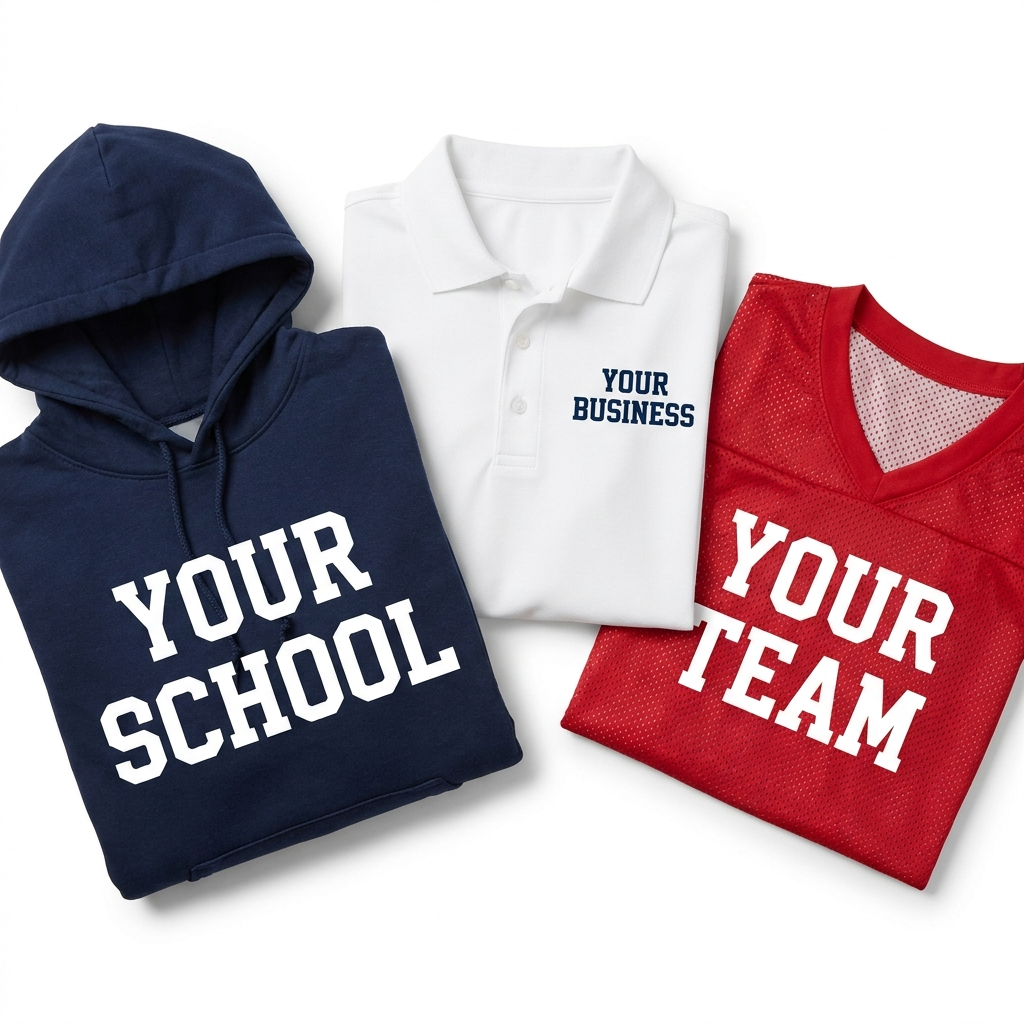 Custom apparel for schools businesses and teams in a bright white studio