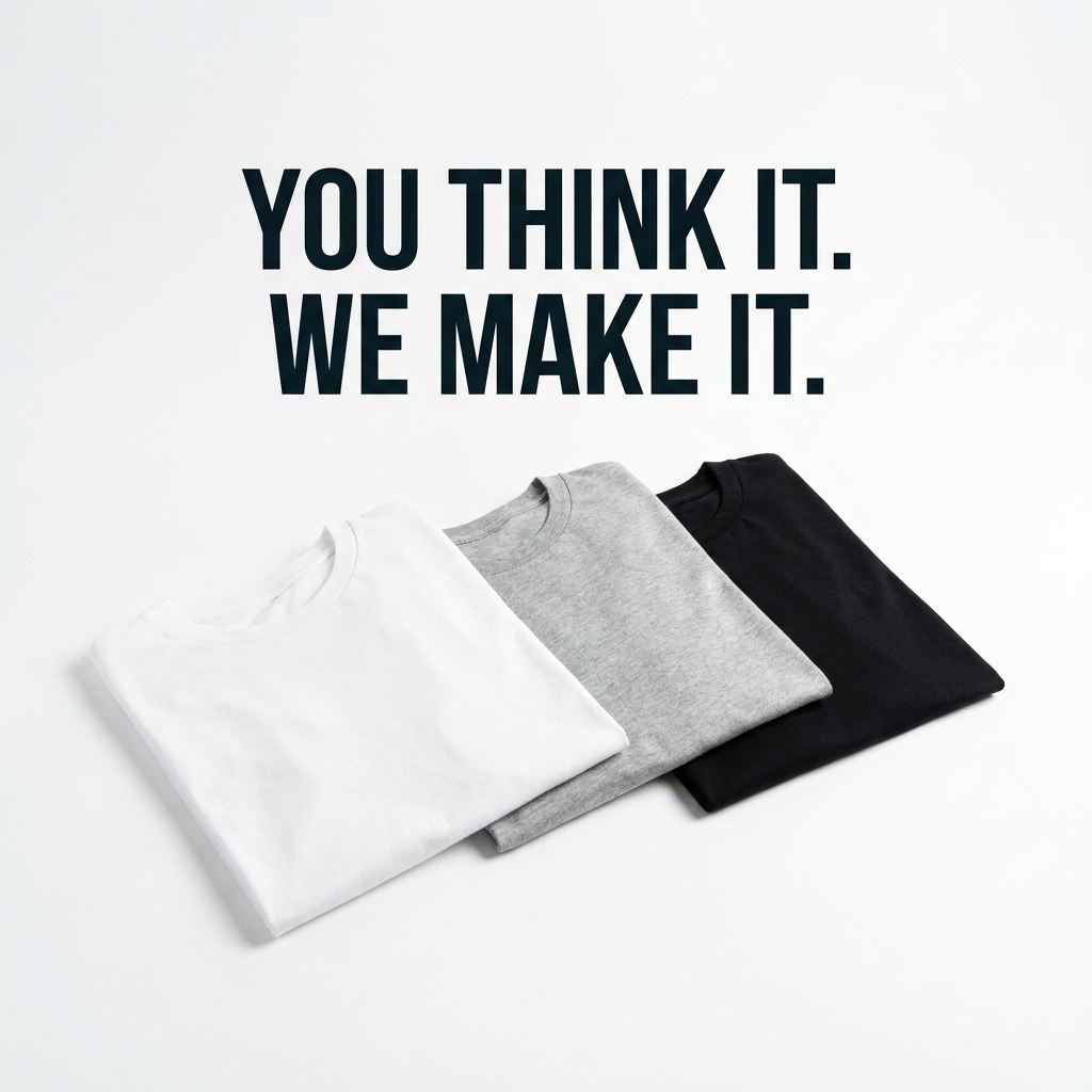 Blank tees with the tagline You think it We make it in a bright studio
