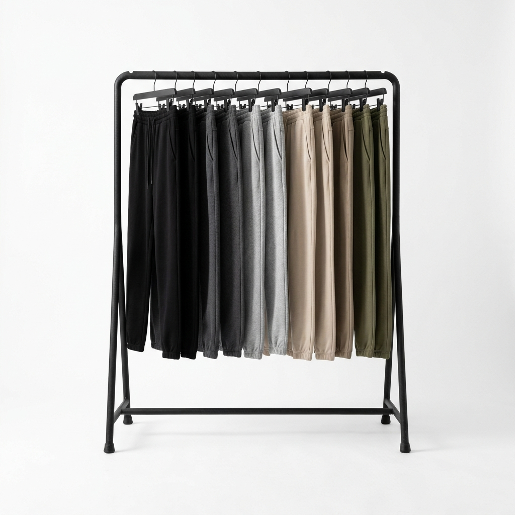 Joggers and sweatpants hanging on a rack in a bright white studio