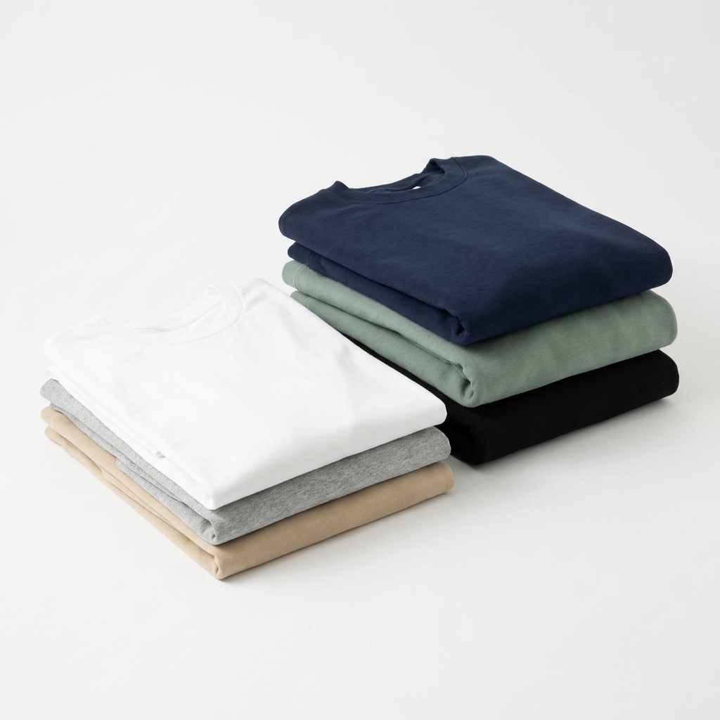 Plain blank t-shirts and sweatshirts in several colors in a bright studio