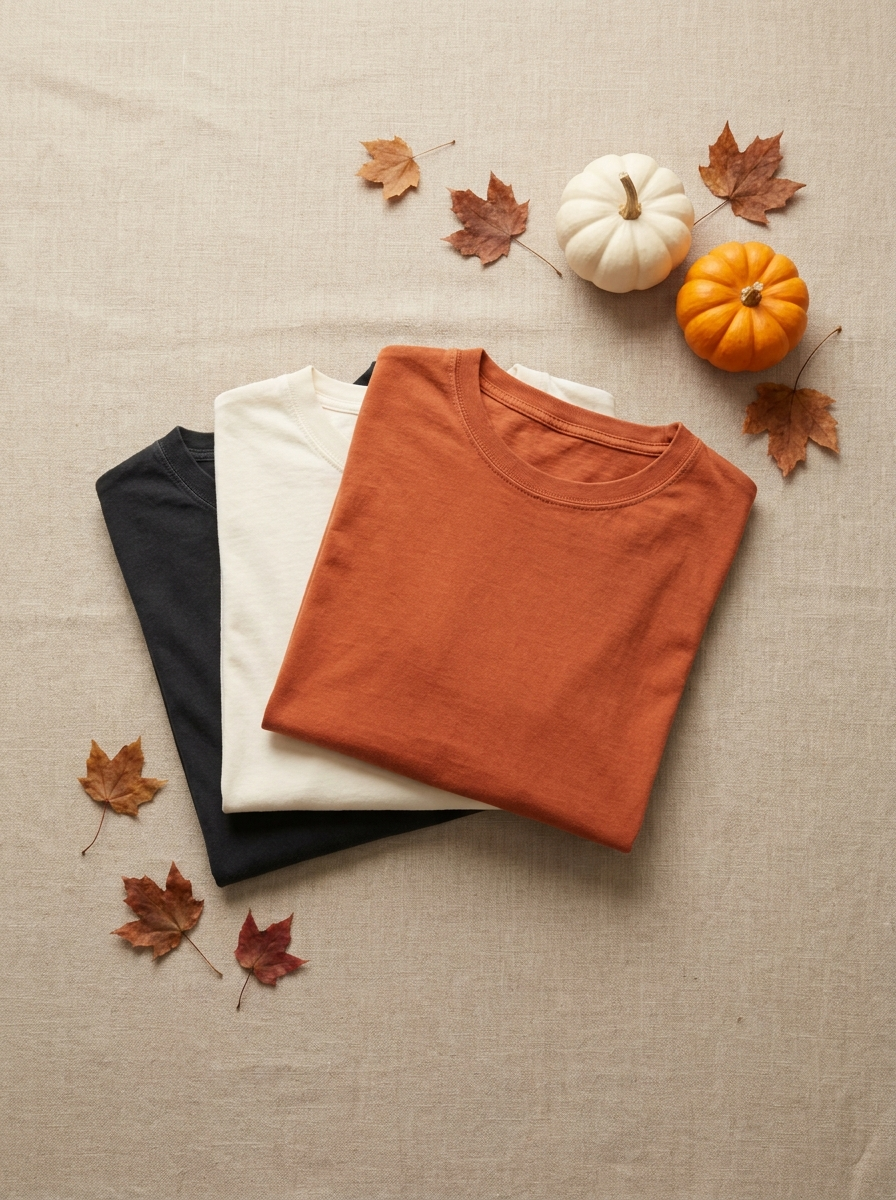 Folded garment-dyed tees in black, ivory and burnt orange styled with small pumpkins and autumn leaves