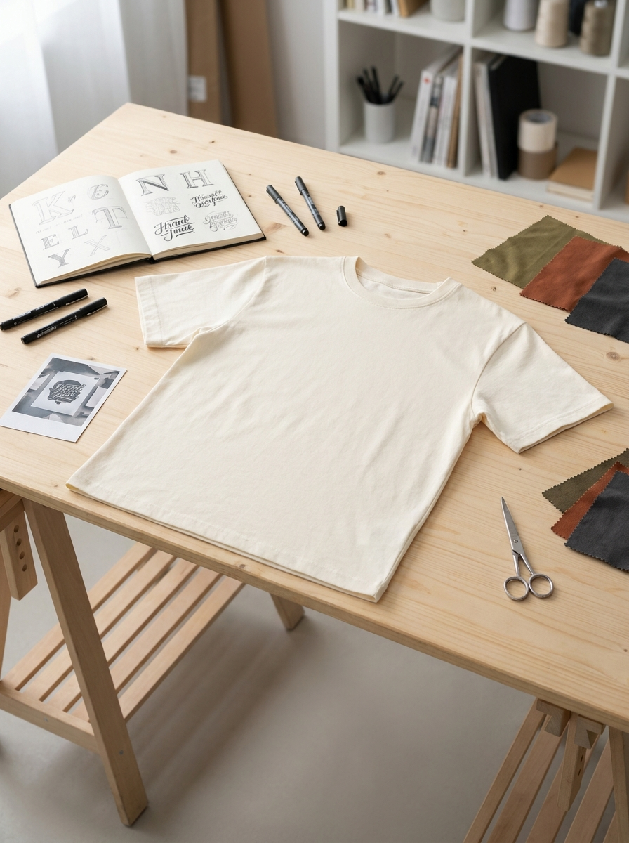 Cream t-shirt on a work table surrounded by sketchbook, markers and fabric swatches — a custom design in progress