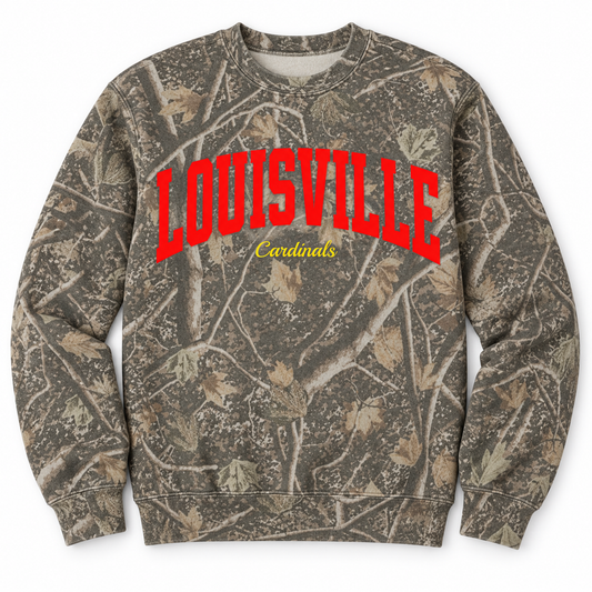 Cardinal camo crewneck sweatshirt — red LOUISVILLE arch with yellow Cardinals script, front flat lay