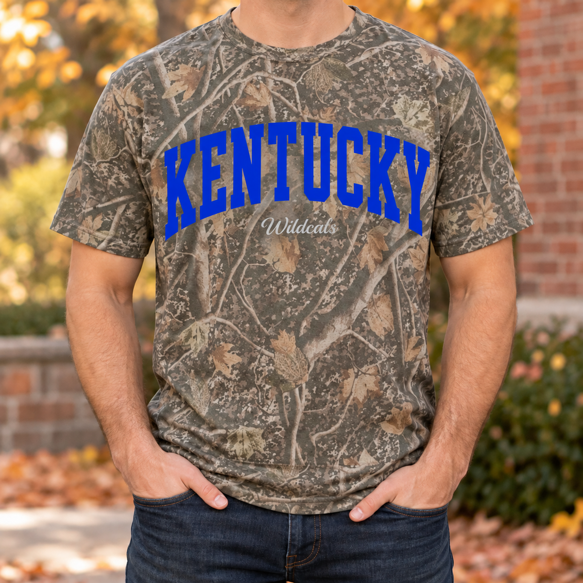 Kentucky Wildcat camo tee — worn on model outdoors in fall