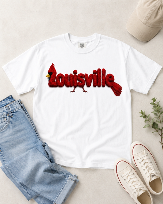 Louisville Cardinal feather-lettering tee — White Comfort Colors flat lay