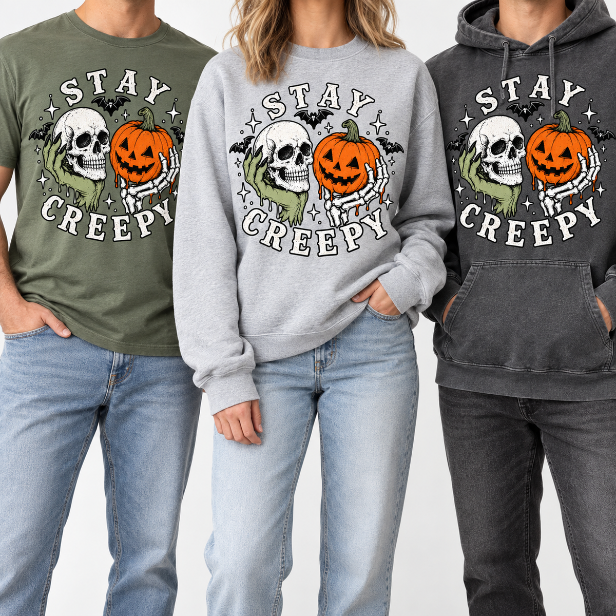 Stay Creepy on models — Olive tee, Heather Grey crewneck and Charcoal hoodie