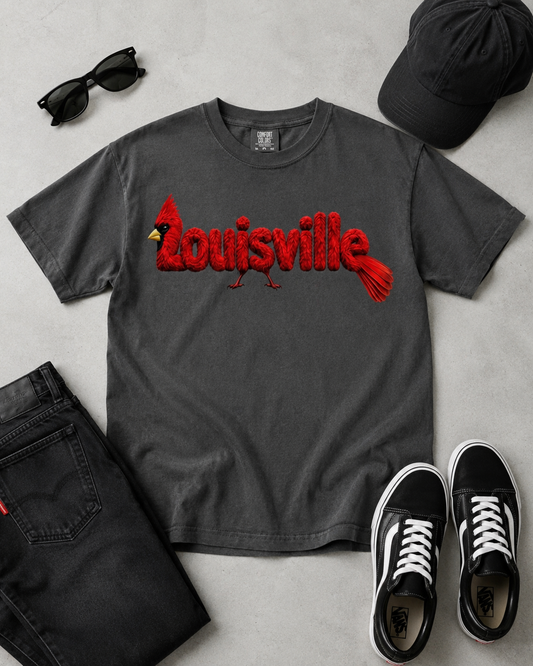 Louisville Cardinal feather-lettering tee — Pepper Comfort Colors flat lay