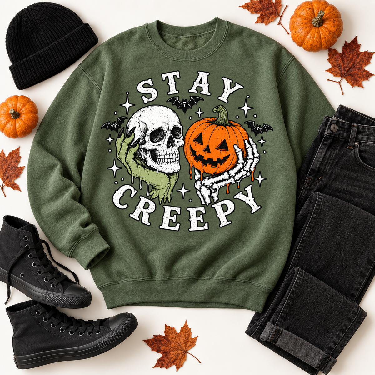 Stay Creepy crewneck in Charcoal mineral wash — styled fall flat lay with beanie, pumpkins and boots