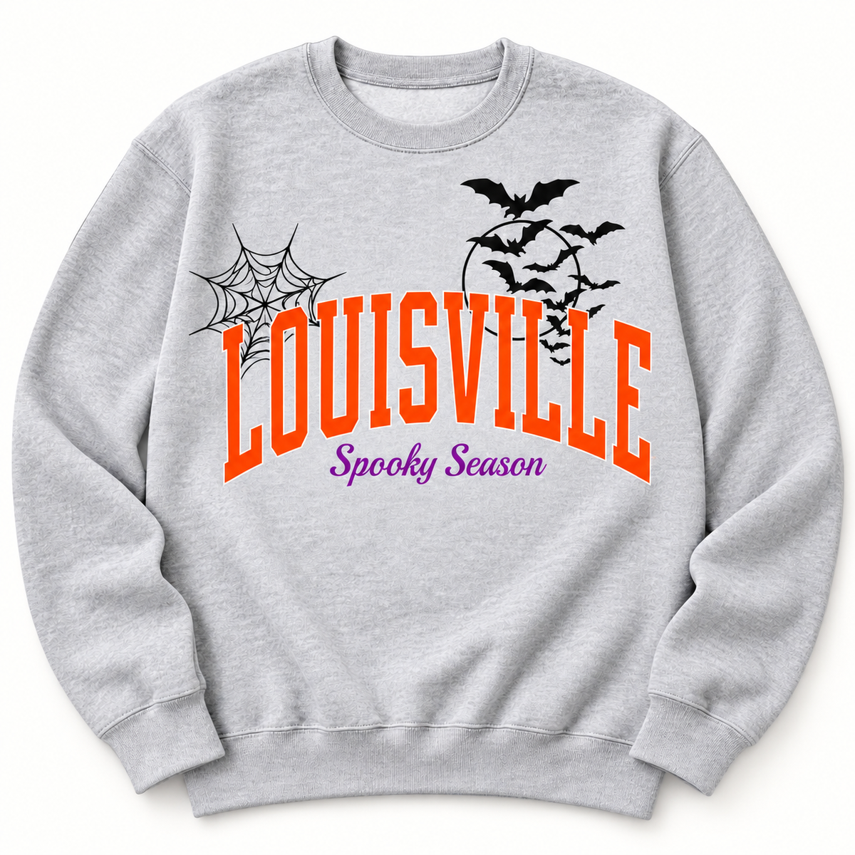 Louisville Spooky Season crewneck sweatshirt in Heather Grey — orange LOUISVILLE arch, purple Spooky Season script, cobweb and bats, front flat lay