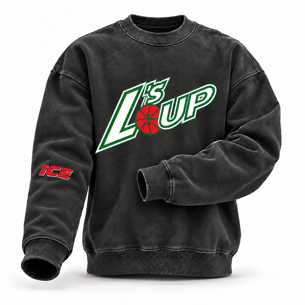 L's Up crewneck sweatshirt in Black — white and green L'S UP lettering with red basketball, red ICE print on the left sleeve