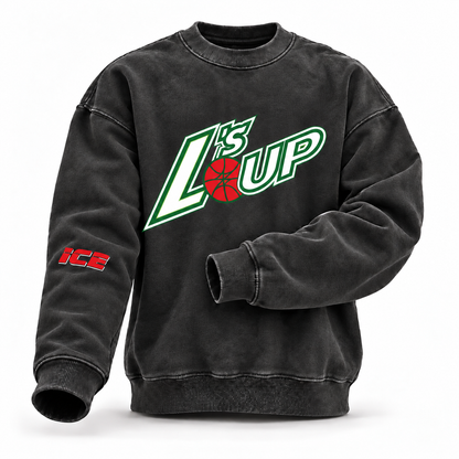 L's Up crewneck sweatshirt in Black — white and green L'S UP lettering with red basketball, red ICE print on the left sleeve