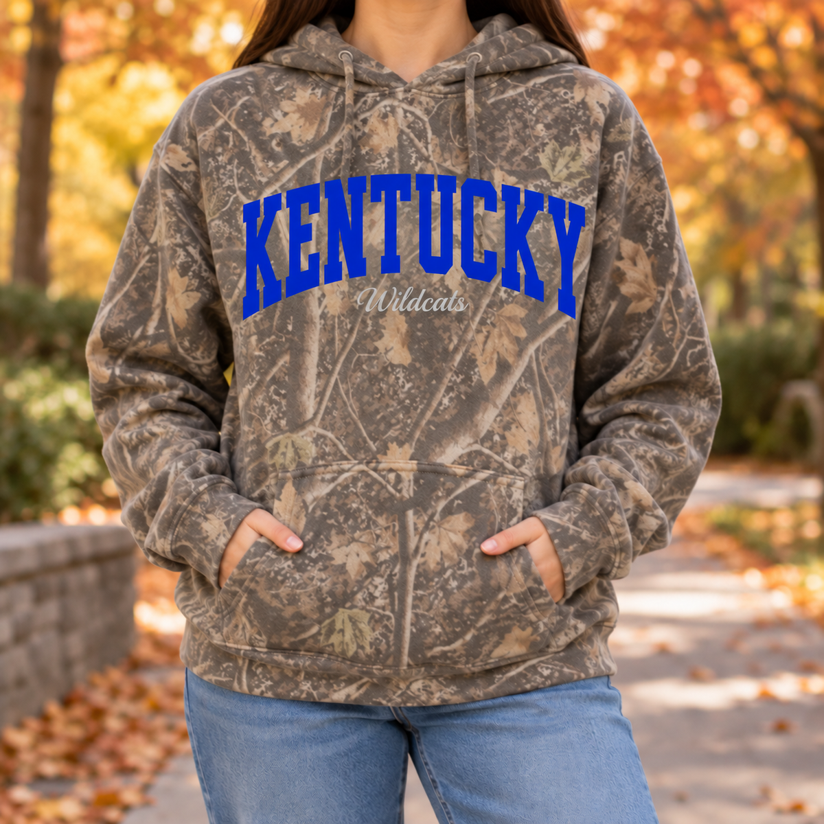 Kentucky Wildcat camo hoodie — worn on model outdoors in fall