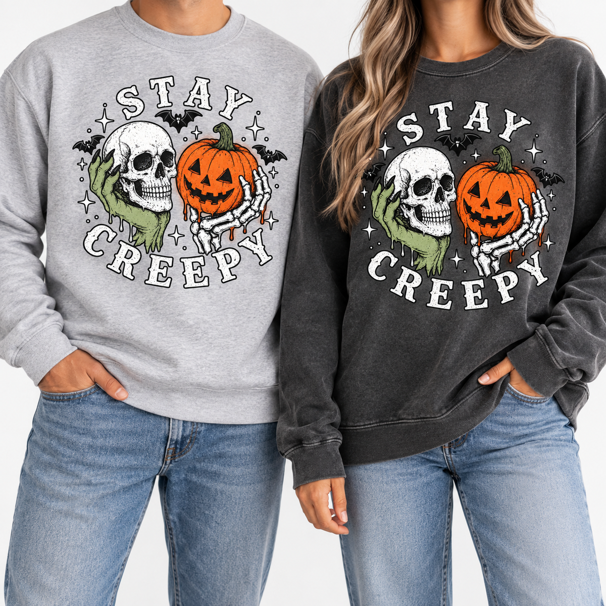 Stay Creepy crewnecks in Heather Grey and Charcoal — worn by couple