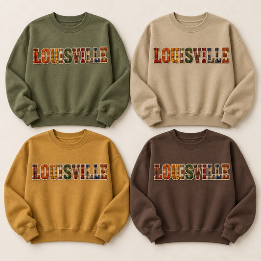 Louisville Flannel plaid patchwork crewneck sweatshirts in Moss, Khaki, Mustard and Espresso — flat lay color grid