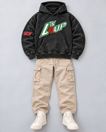 L's Up hoodie in Black with red ICE sleeve print, styled with khaki cargo pants and cream high-top sneakers — flat lay