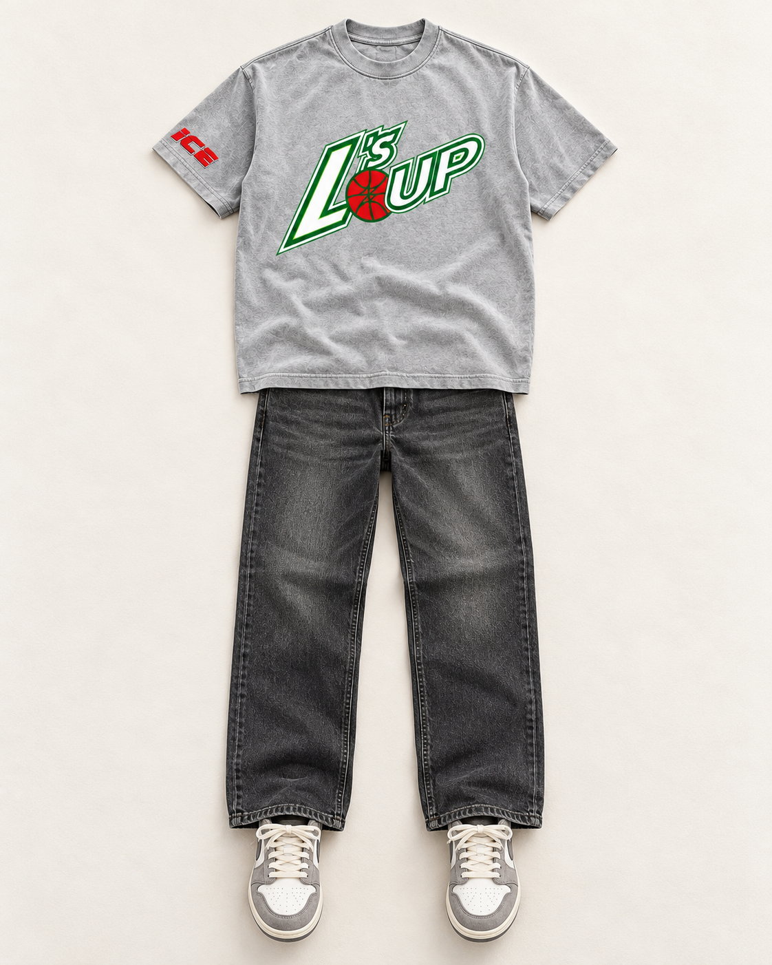 L's Up Comfort Colors tee in Heather Grey styled with black jeans and grey sneakers — flat lay