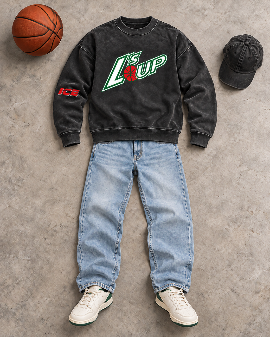 L's Up crewneck sweatshirt in Black styled with light-wash jeans and green-trim sneakers — flat lay with basketball and black cap