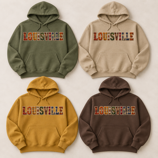 Louisville Flannel plaid patchwork hoodies in Moss, Khaki, Mustard and Espresso — flat lay color grid