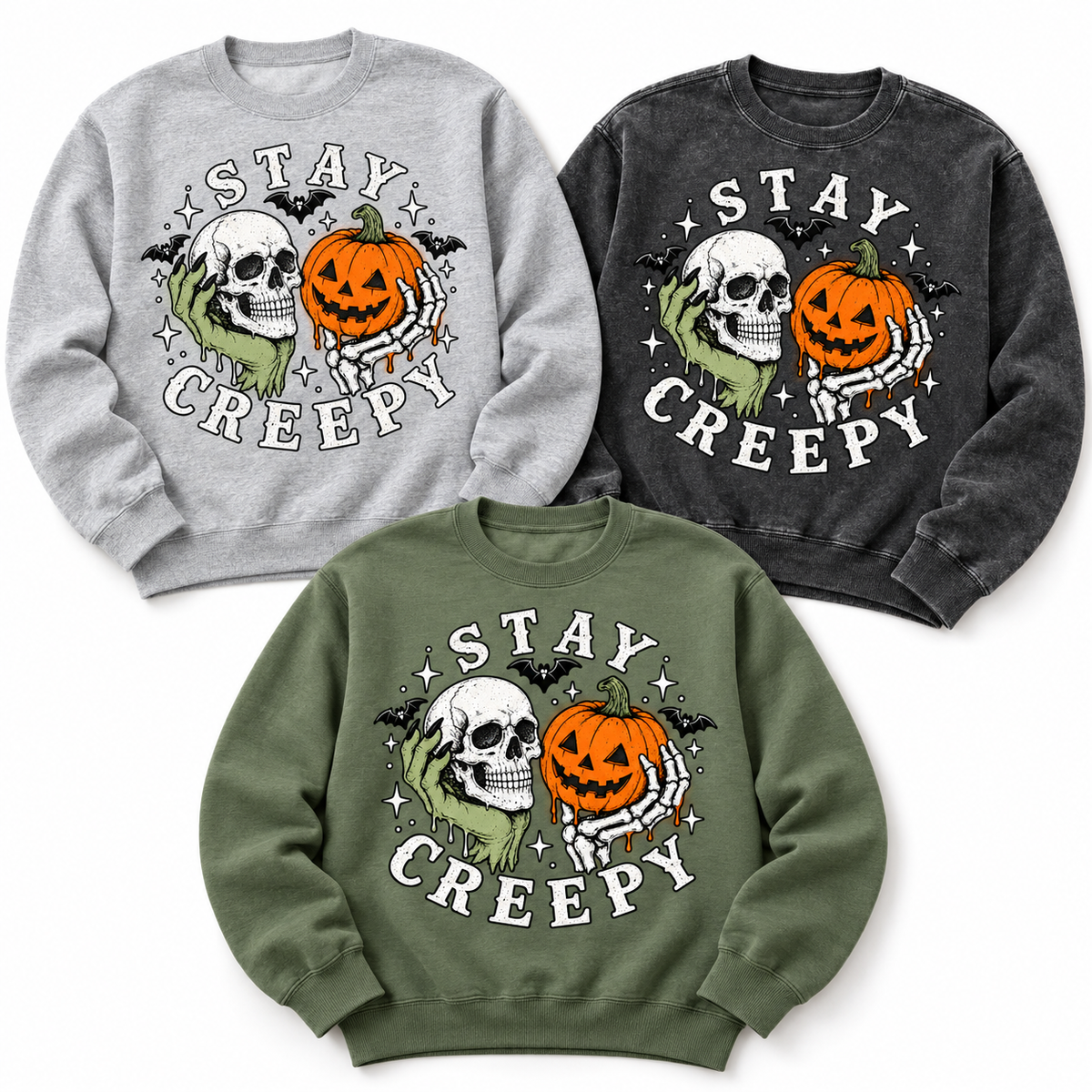 Stay Creepy crewneck sweatshirts in Heather Grey and Charcoal — color lineup