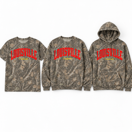 Louisville Cardinal camo arch design shown on all three styles — tee, crewneck sweatshirt and hoodie