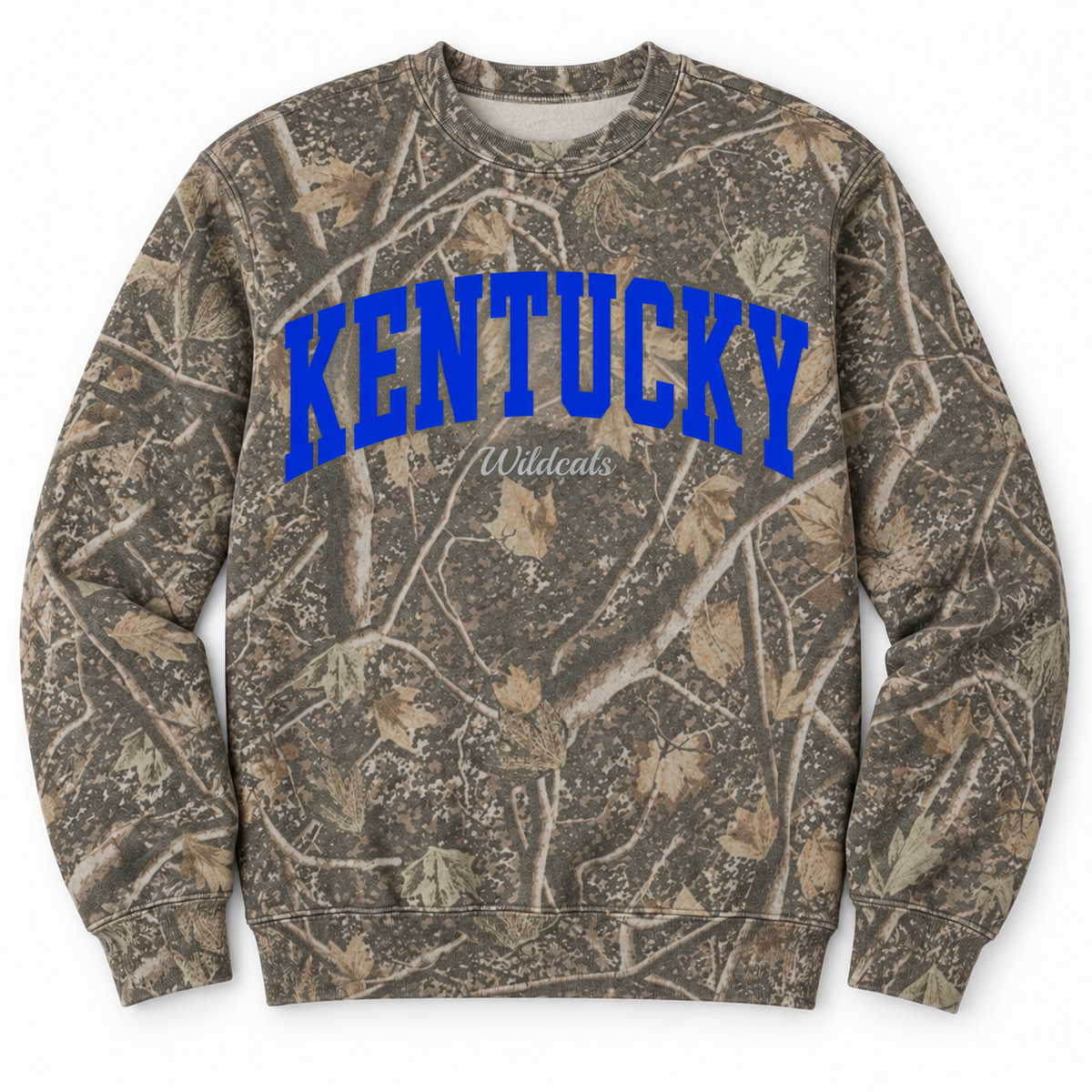 Kentucky Wildcat camo crewneck sweatshirt — royal blue KENTUCKY arch with silver Wildcats script, front flat lay