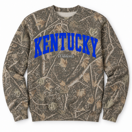Kentucky Wildcat camo crewneck sweatshirt — royal blue KENTUCKY arch with silver Wildcats script, front flat lay