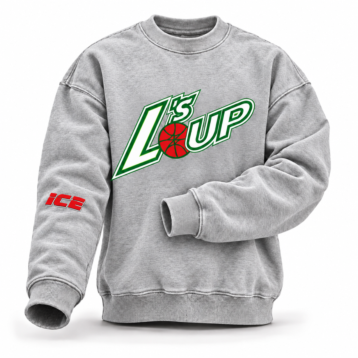 L's Up crewneck sweatshirt in Heather Grey — white and green L'S UP lettering with red basketball, red ICE print on the left sleeve