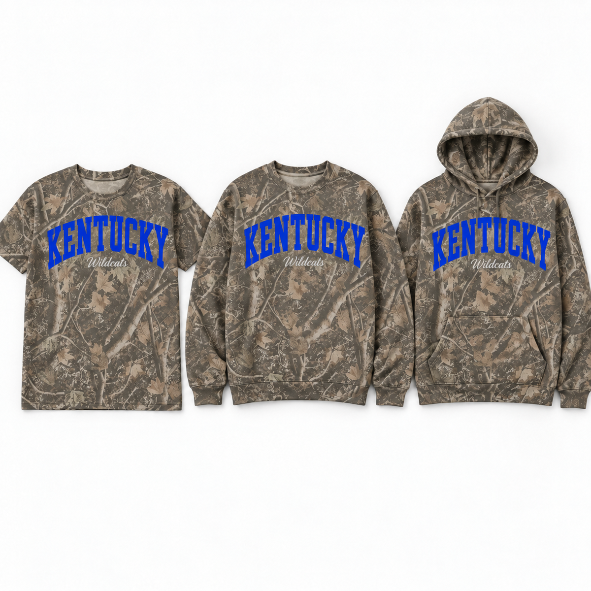 Kentucky Wildcat camo arch design shown on all three styles — tee, crewneck sweatshirt and hoodie