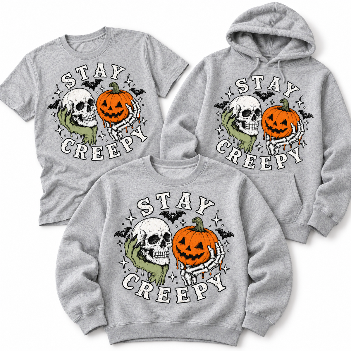 Stay Creepy tee, crewneck and hoodie in Heather Grey