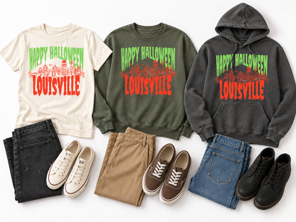 Louisville Halloween Spooky Skyline design on all three styles — Ivory Comfort Colors tee, Moss crewneck sweatshirt, Pepper hoodie — flat lay with jeans, chinos and sneakers
