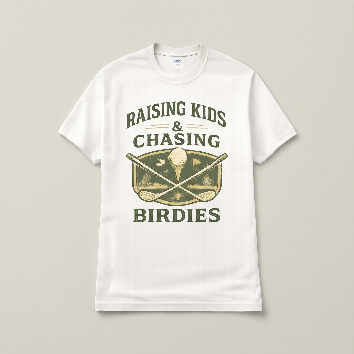 Raising Kids & Chasing Birdies golf dad graphic tee — garment detail