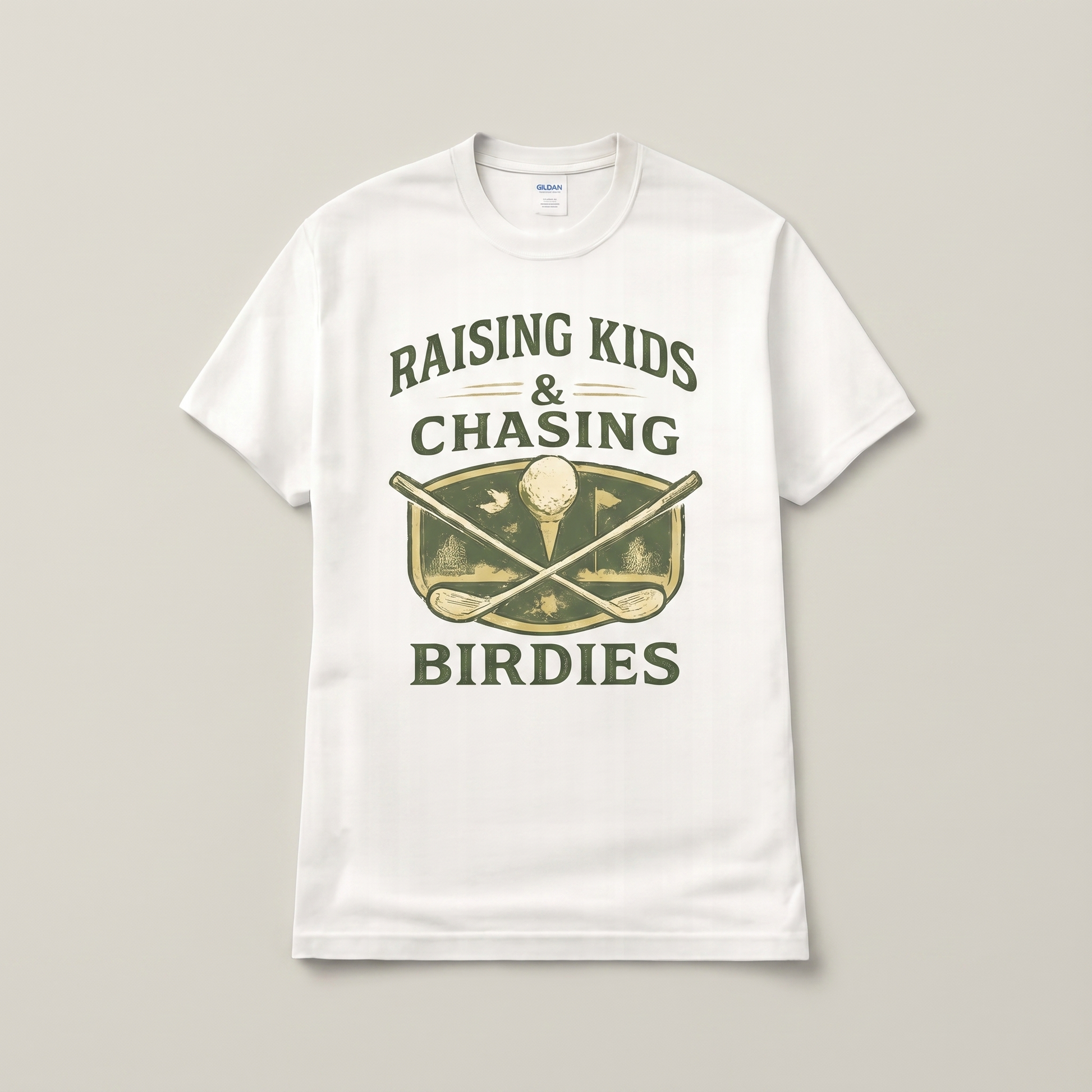 Raising Kids & Chasing Birdies golf dad graphic tee — garment detail