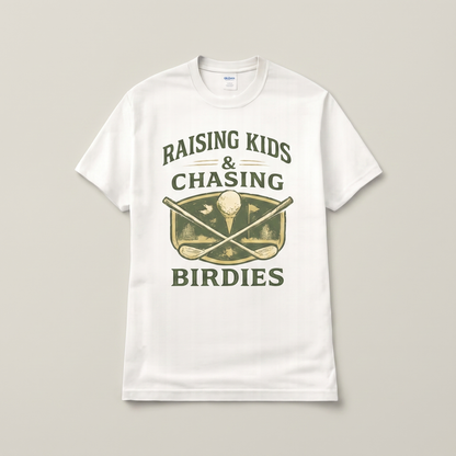 Raising Kids & Chasing Birdies golf dad graphic tee — garment detail