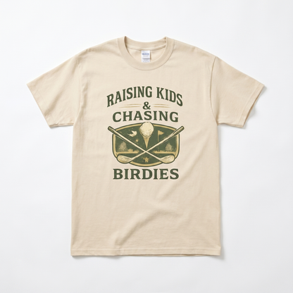 Raising Kids & Chasing Birdies golf dad graphic tee — lifestyle / detail view