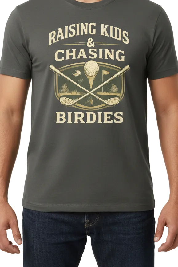 Raising Kids & Chasing Birdies golf dad graphic tee — alternate color mockup