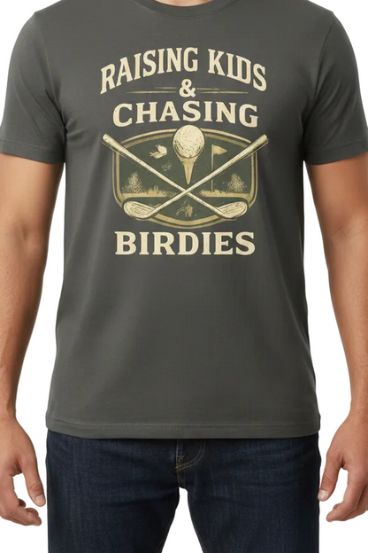 Raising Kids & Chasing Birdies golf dad graphic tee — alternate color mockup