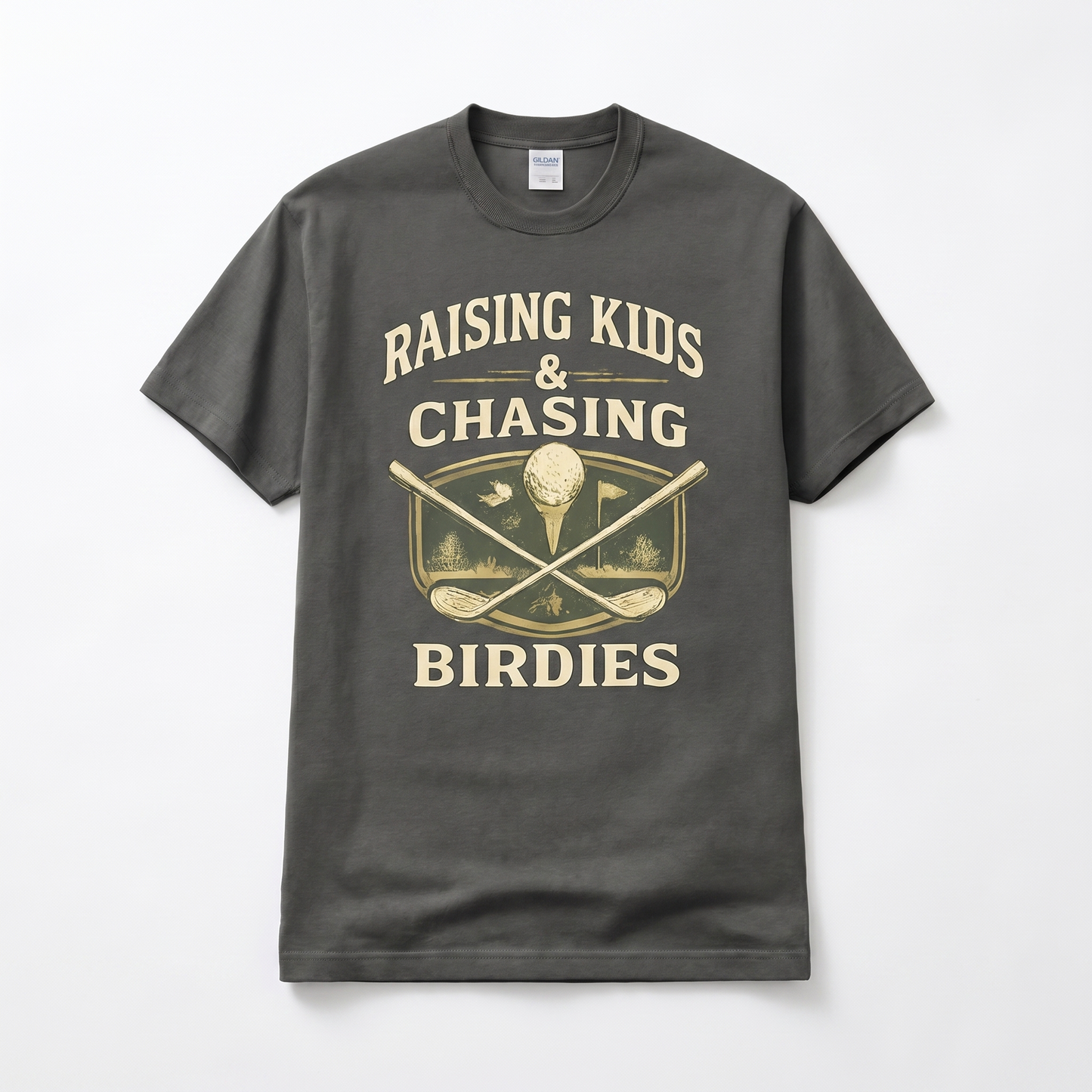 Raising Kids & Chasing Birdies golf dad graphic tee — hero mockup