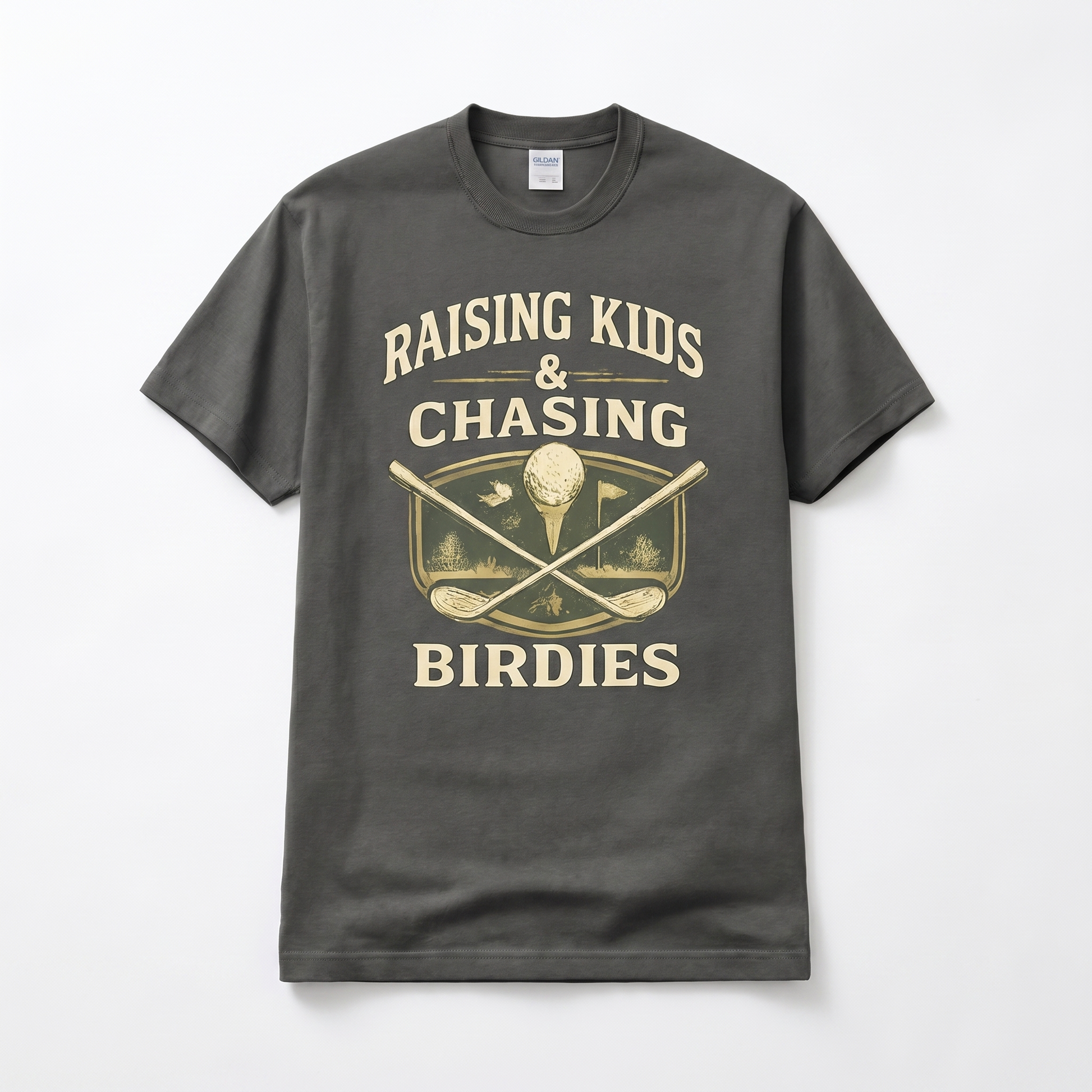 Raising Kids & Chasing Birdies golf dad graphic tee — hero mockup