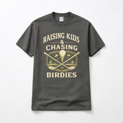 Raising Kids & Chasing Birdies golf dad graphic tee — hero mockup