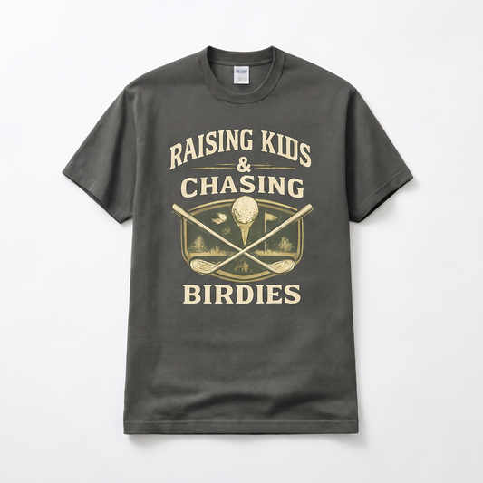 Raising Kids & Chasing Birdies golf dad graphic tee — hero mockup
