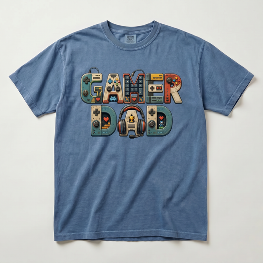 Gamer Dad retro gaming graphic tee — hero mockup