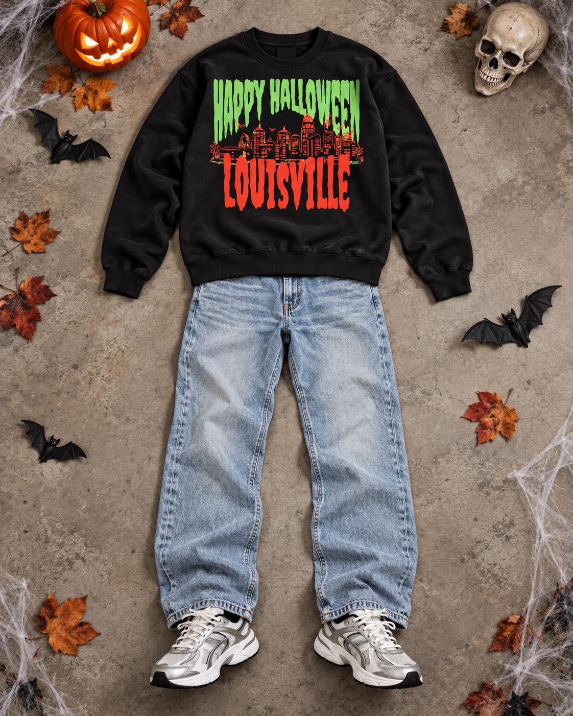 Louisville Halloween Spooky Skyline crewneck sweatshirt in Black styled with light-wash jeans and sneakers — flat lay with jack-o'-lantern, skull, bats and cobwebs