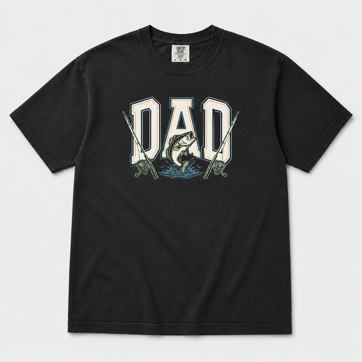 Fishing Dad Graphic Tee on black Comfort Colors shirt