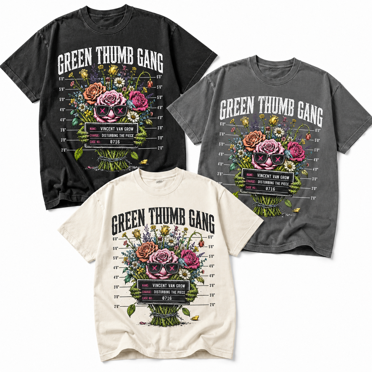 Green Thumb Gang Graphic Tee shown on black, pepper, and ivory shirts