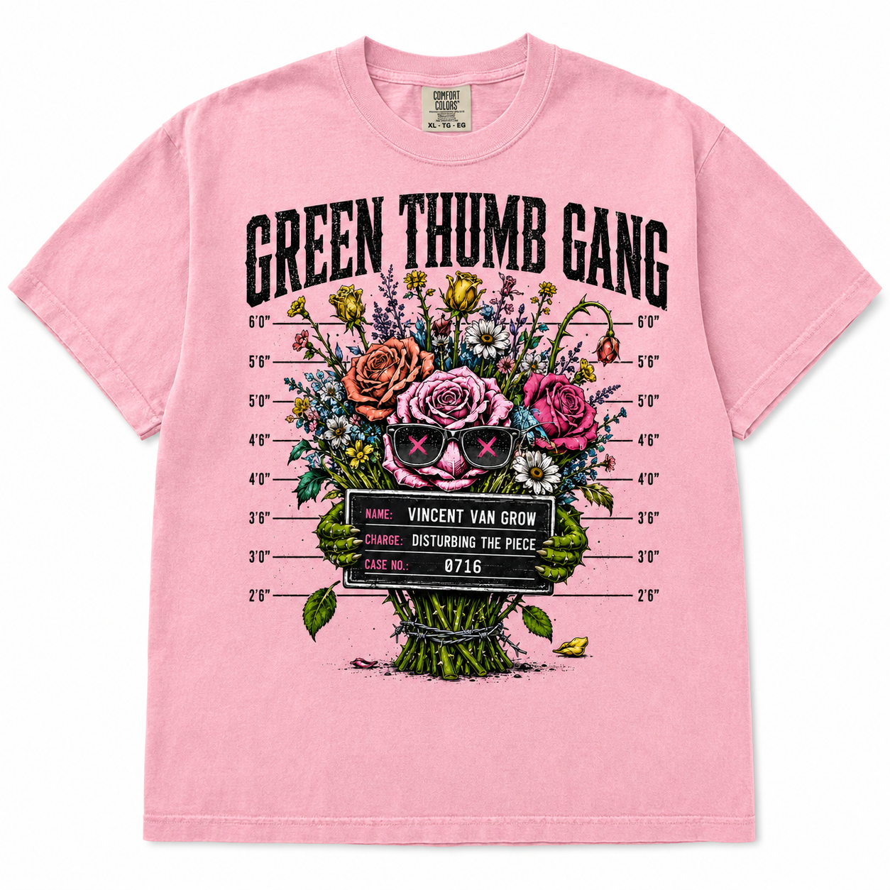 Green Thumb Gang Graphic Tee on soft pink shirt