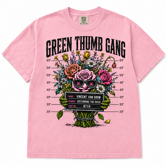 Green Thumb Gang Graphic Tee on soft pink shirt